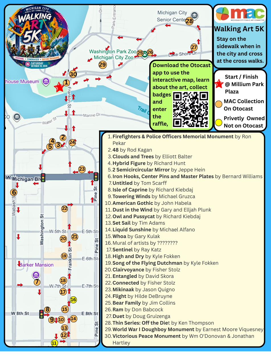 Walking Art 5K Route Map showing all 30 sculpture stops through Michigan City